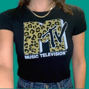 MTV Black Cheetah Leopard Print Crop Top T-Shirt